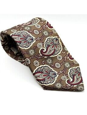 Vintage 90s Bill Blass Taupe Red 100% Silk Paisley Necktie